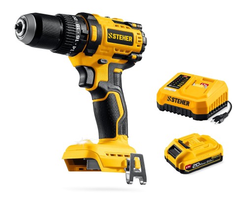 Бесщеточная ударная дрель-шуруповерт 20 В, 65 Нм, 1 АКБ LMS (2 Ач) STEHER CBS-65-21