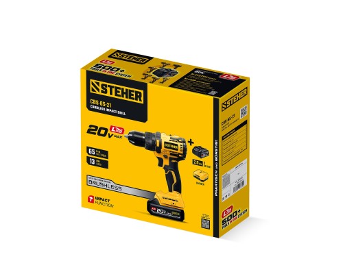 Бесщеточная ударная дрель-шуруповерт 20 В, 65 Нм, 1 АКБ LMS (2 Ач) STEHER CBS-65-21