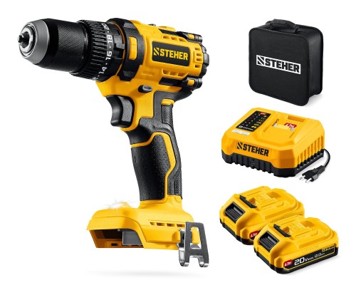 Бесщеточная ударная дрель-шуруповерт 20 В, 65 Нм, 2 АКБ LMS (2 Ач), сумка STEHER CBS-65-22