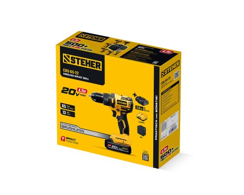 Бесщеточная ударная дрель-шуруповерт 20 В, 65 Нм, 2 АКБ LMS (2 Ач), сумка STEHER CBS-65-22