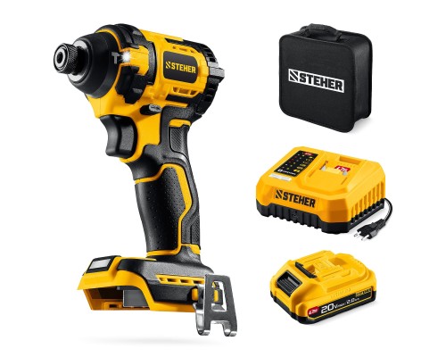 Бесщеточный ударный винтоверт 20 В, 180 Нм, 1 АКБ LMS (2 Ач), сумка STEHER CSB-180-21