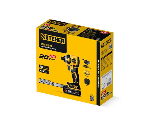 Бесщеточный ударный винтоверт 20 В, 180 Нм, 1 АКБ LMS (2 Ач), сумка STEHER CSB-180-21