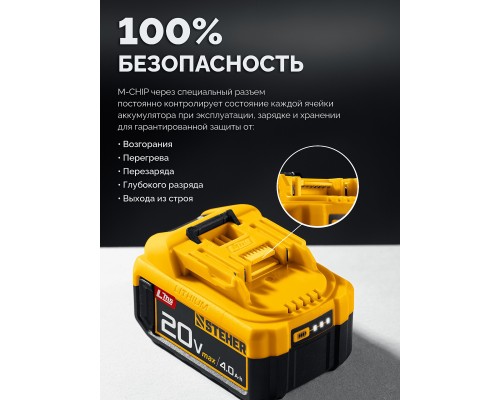 Бесщеточный ударный гайковерт 20 В, 500 Нм, 1 АКБ LMS (4 Ач), сумка STEHER CWB-500-41
