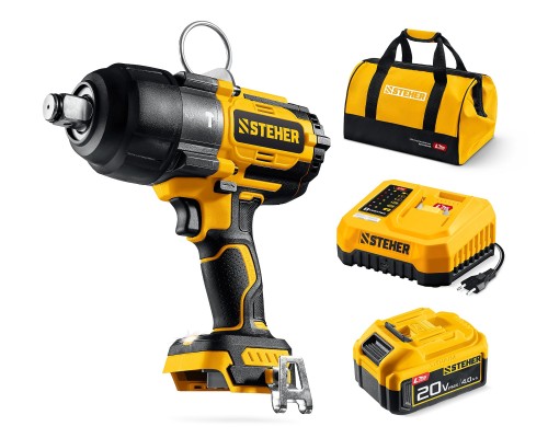 Бесщеточный ударный гайковерт 20 В, 1000 Нм, 1 АКБ LMS (4 Ач), сумка STEHER CWB-1000-41