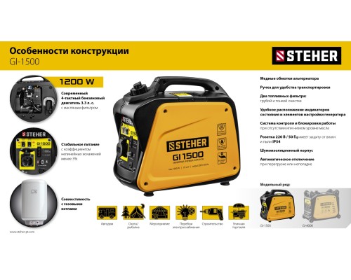 Инверторный генератор Steher GI-1500